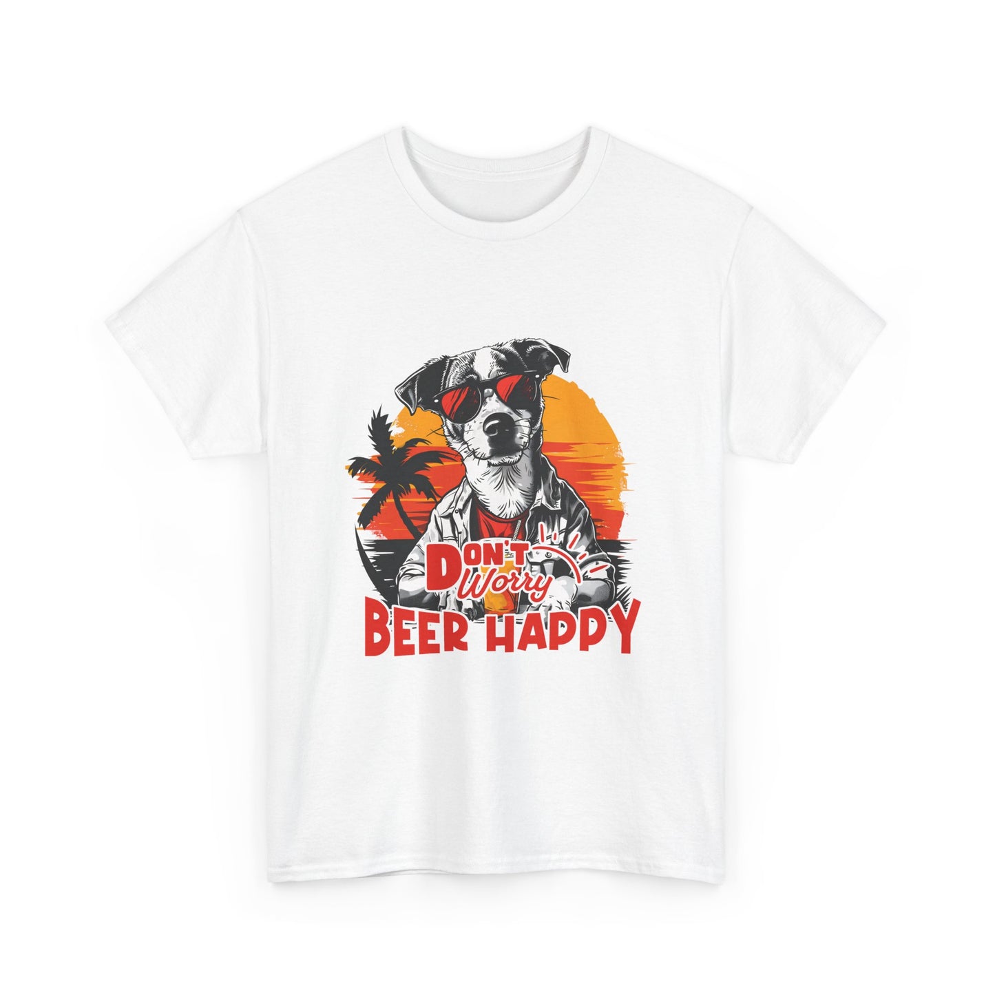 Dog With Beer T-Shirt - "Don't Worry Beer Happy" Retro Sunset Tee