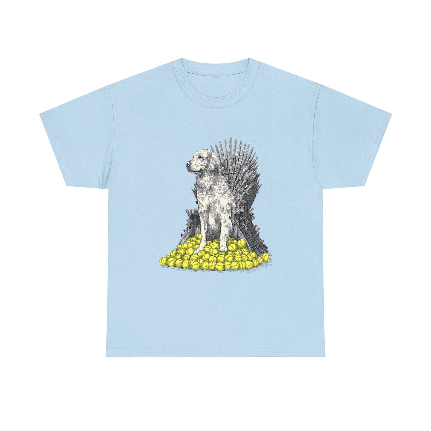Dog Throne T‑Shirt — Dog on Iron Throne of Tennis Balls Graphic Tee