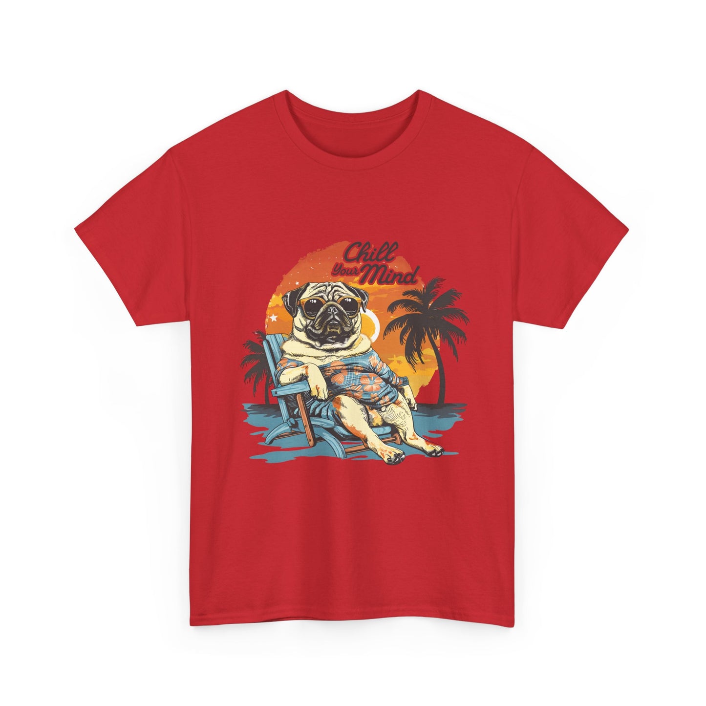 Chill Mind Pug Beach Tee — Retro Palm Sunset Vacation T‑Shirt