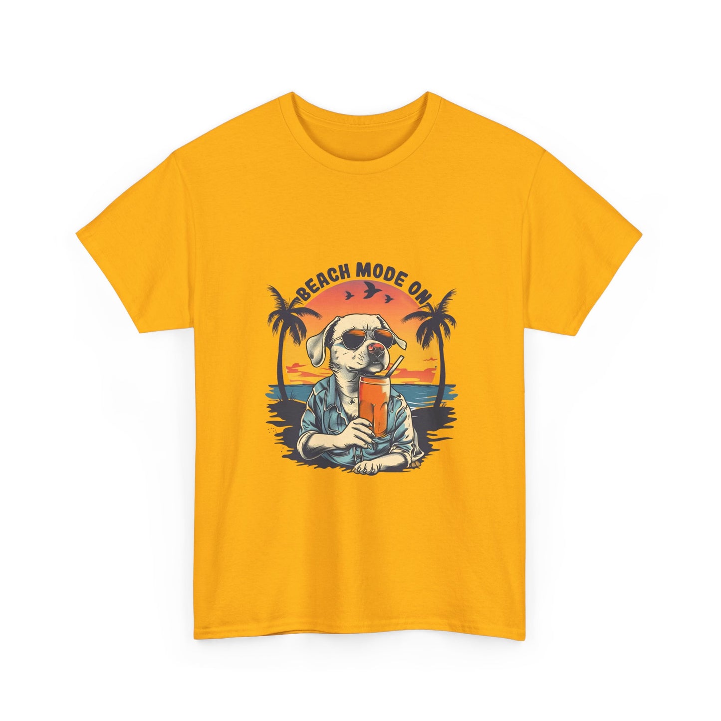 Beach Mode On T-Shirt - Retro Sunglasses Dog Drinking Cocktail, Summer Vacation Tee