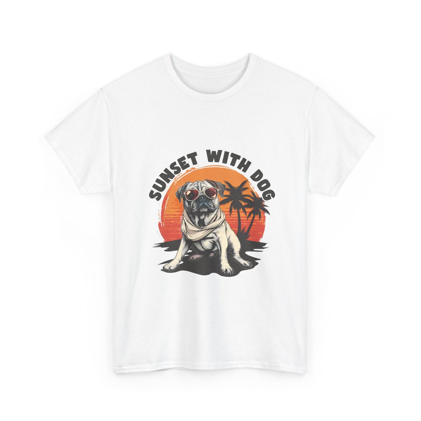 Sunset With Dog T-Shirt – Retro Beach Pug Tee