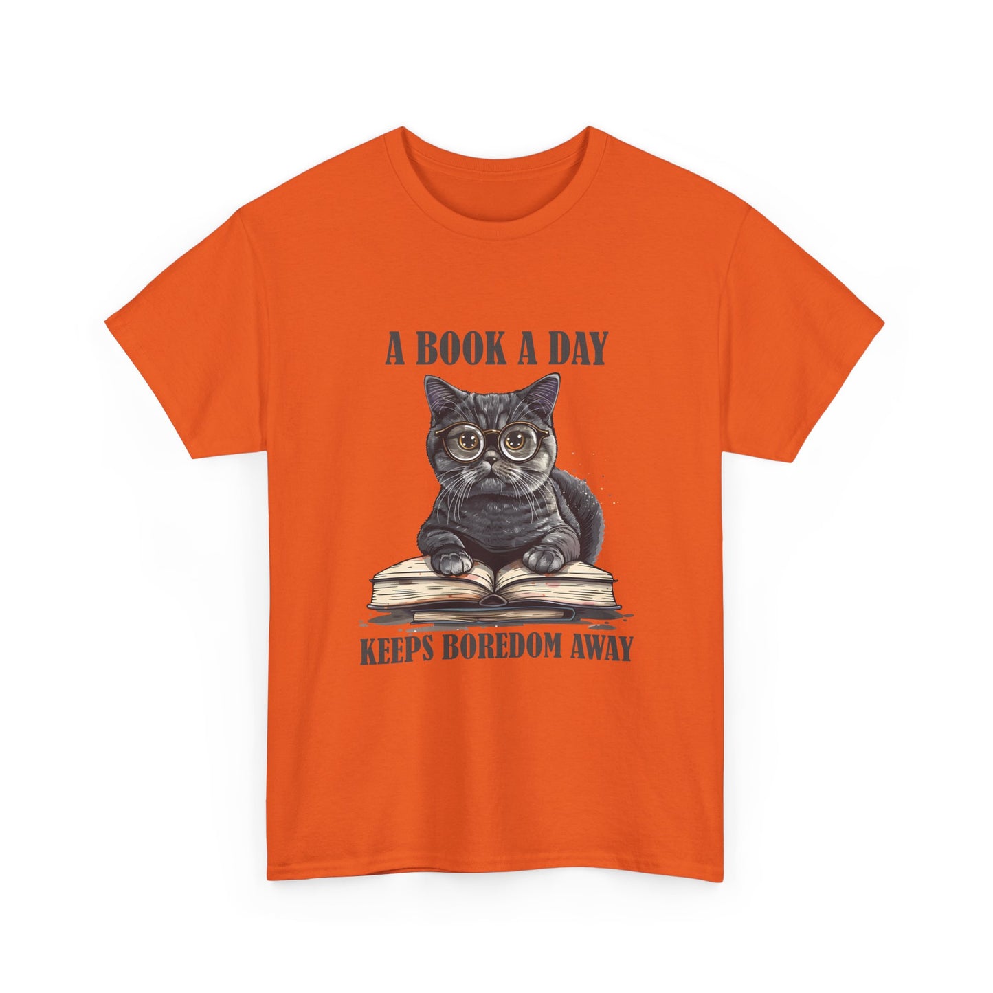 T-Shirt — "A Book a Day Keeps Boredom Away" Cat Reading Graphic Tee