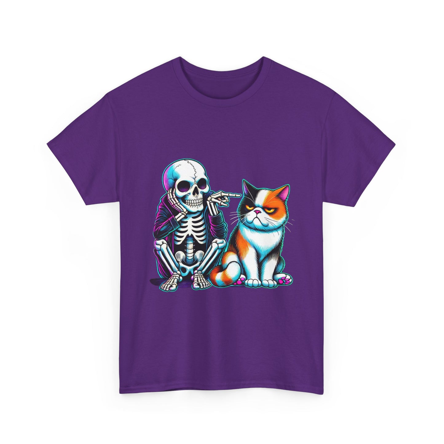 Skeleton & Cat Graphic Tee — Retro Neon Spooky Cat Shirt