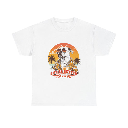 Beach Dog T-Shirt — "Life Is Better at the Beach" Retro Sunset Tee