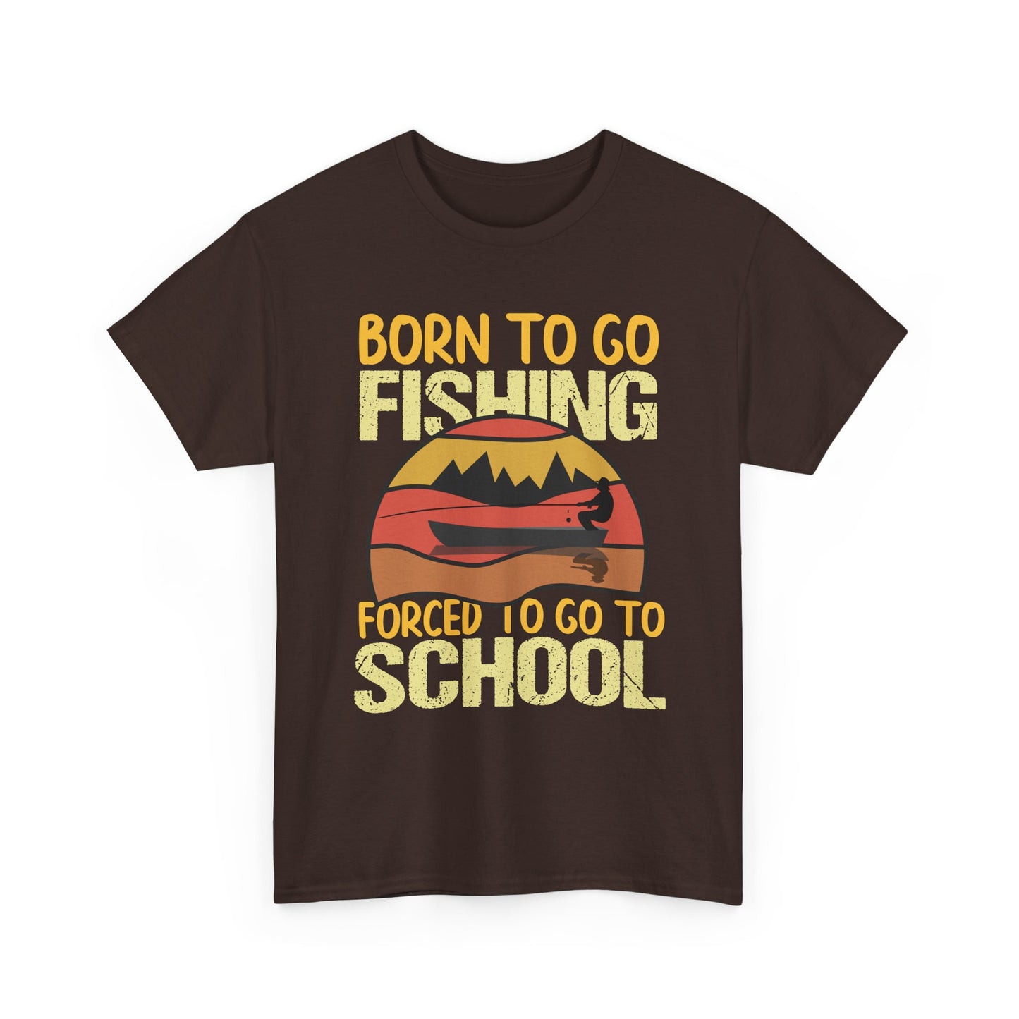 Fishing Graphic Tee - "Born to Go Fishing, Forced to Go to School" Retro Sunset T-Shirt for Kids & Teens