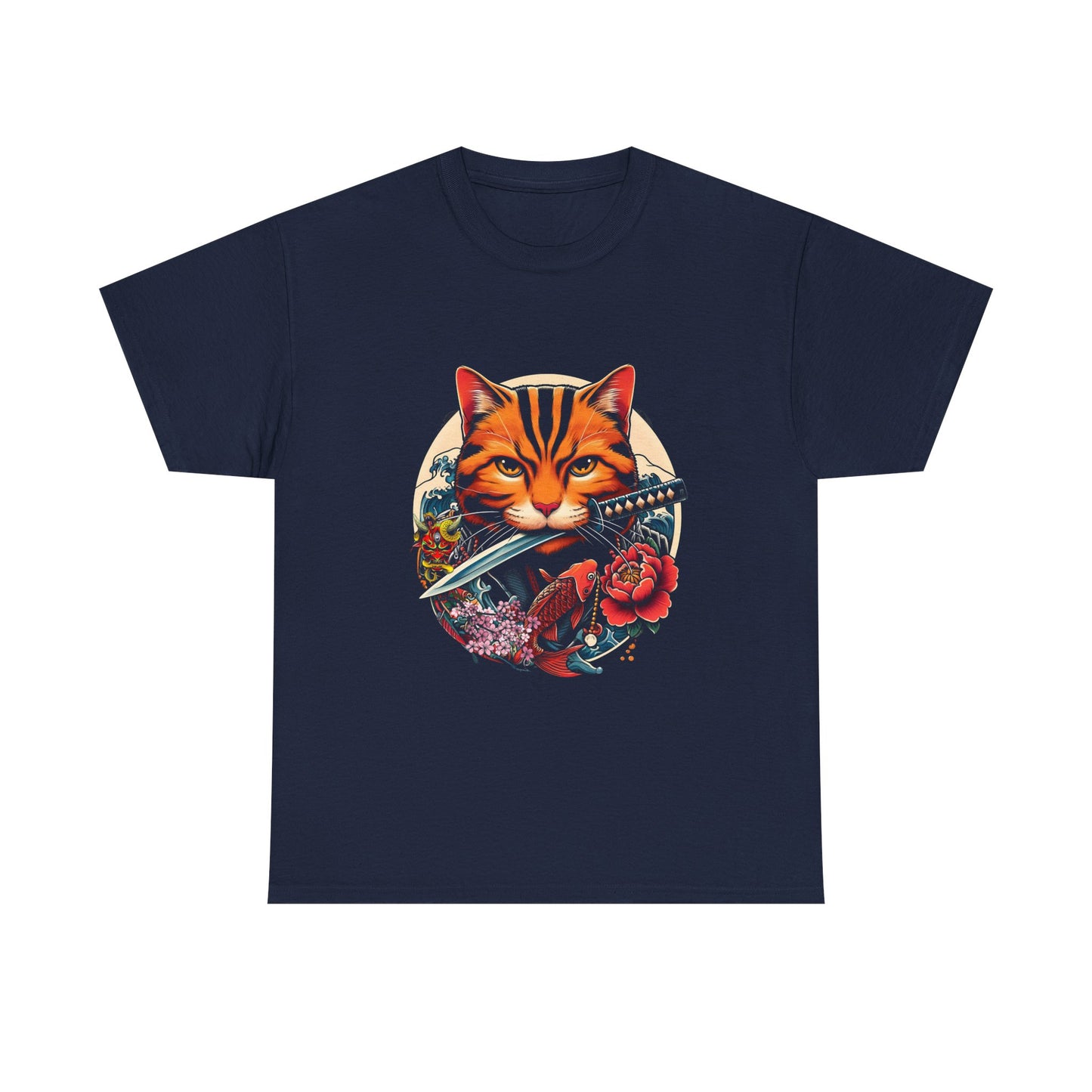 Cat Samurai T‑Shirt — Orange Tabby with Sword & Floral Crest