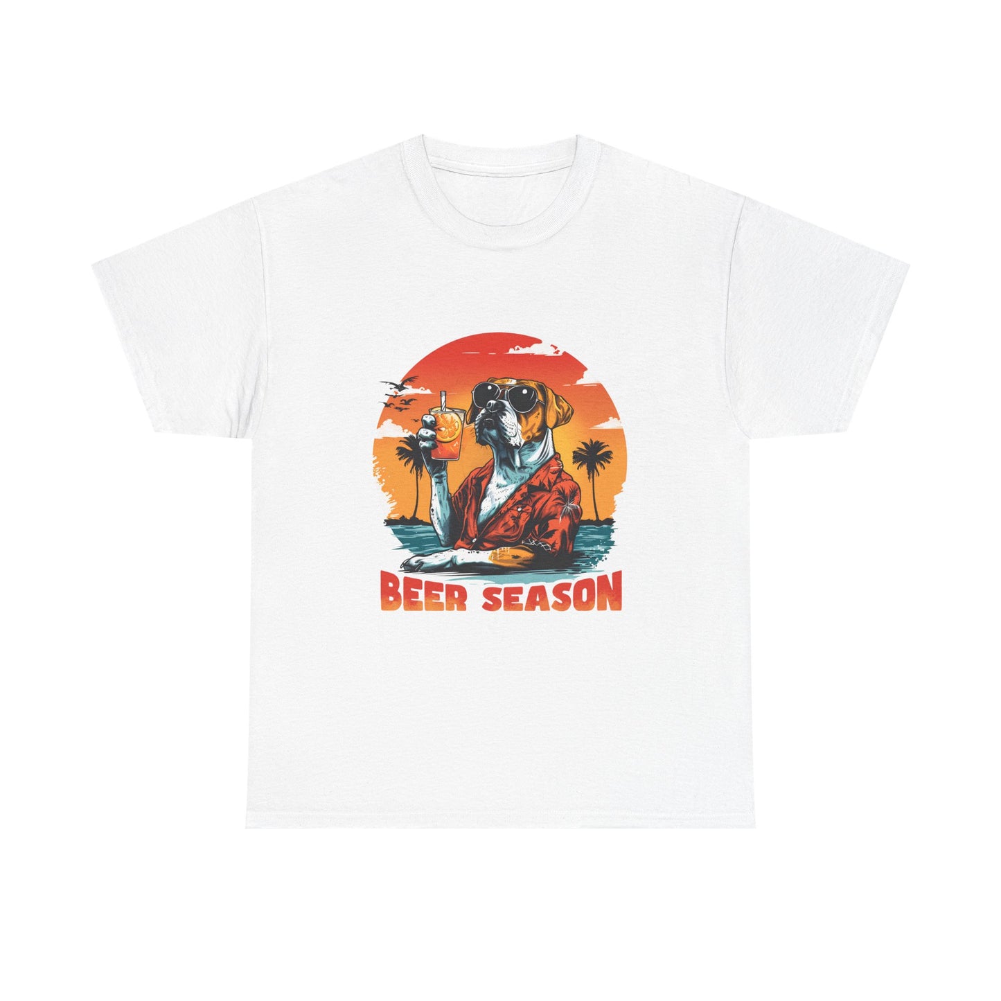 Beer Season T-Shirt — Vintage Sunset Dog Holding Beer