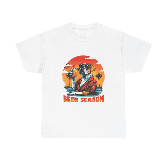 Beer Season T-Shirt — Vintage Sunset Dog Holding Beer