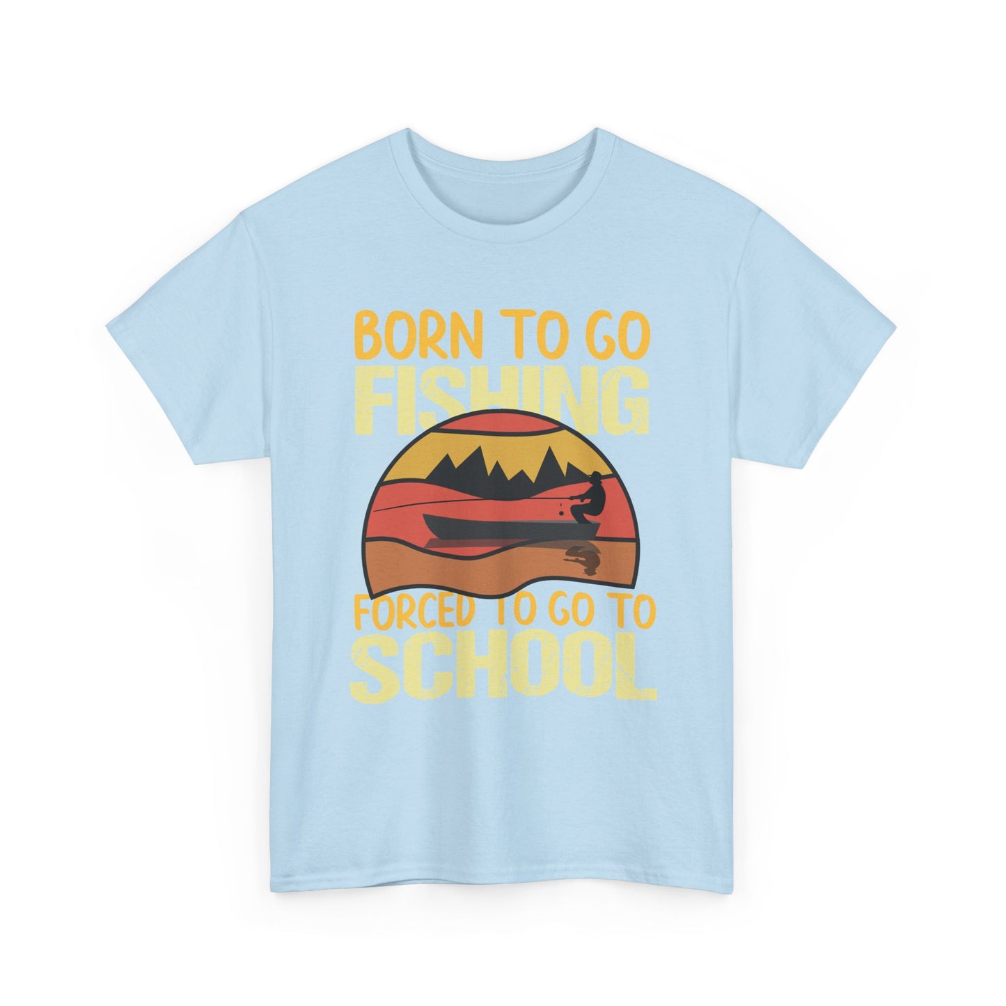 Fishing Graphic Tee - "Born to Go Fishing, Forced to Go to School" Retro Sunset T-Shirt for Kids & Teens