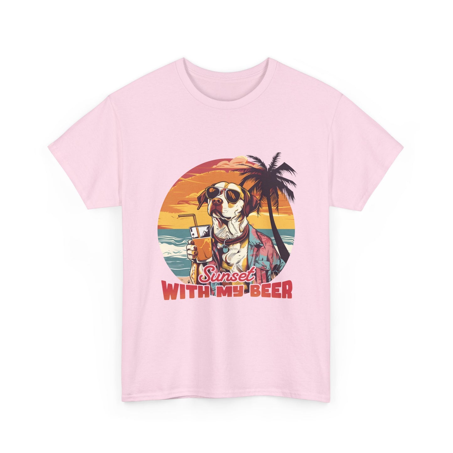 T-Shirt — Sunset With My Beer Dog Graphic Tee — Retro Tropical Beach Vibes