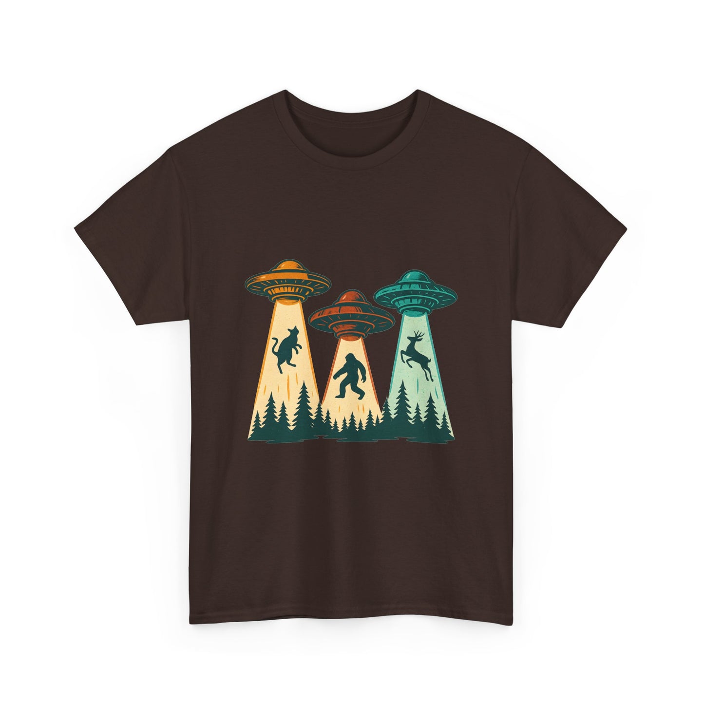 Alien Abduction UFO Tee — Retro Forest Beams T‑Shirt