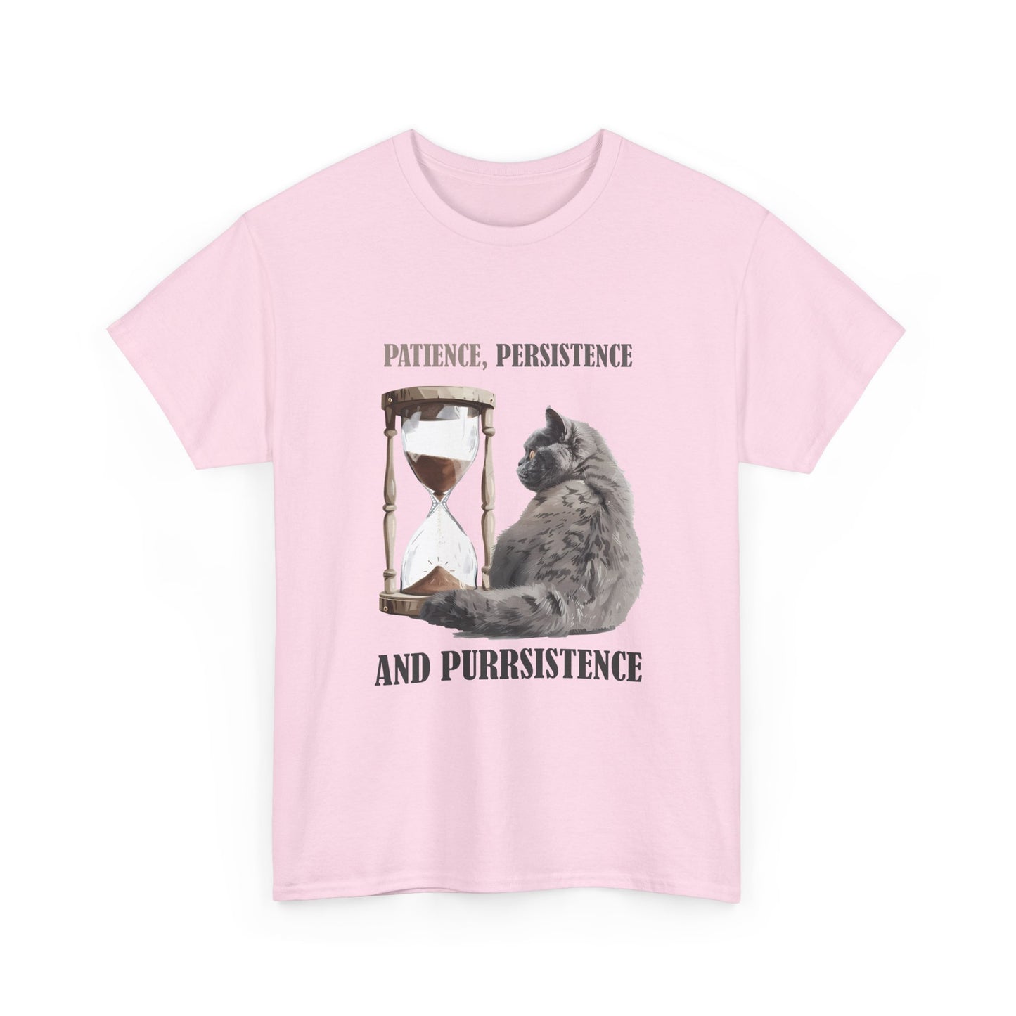 Cat Hourglass T‑Shirt — "Patience, Persistence and Purrsistence" Funny Cat Tee