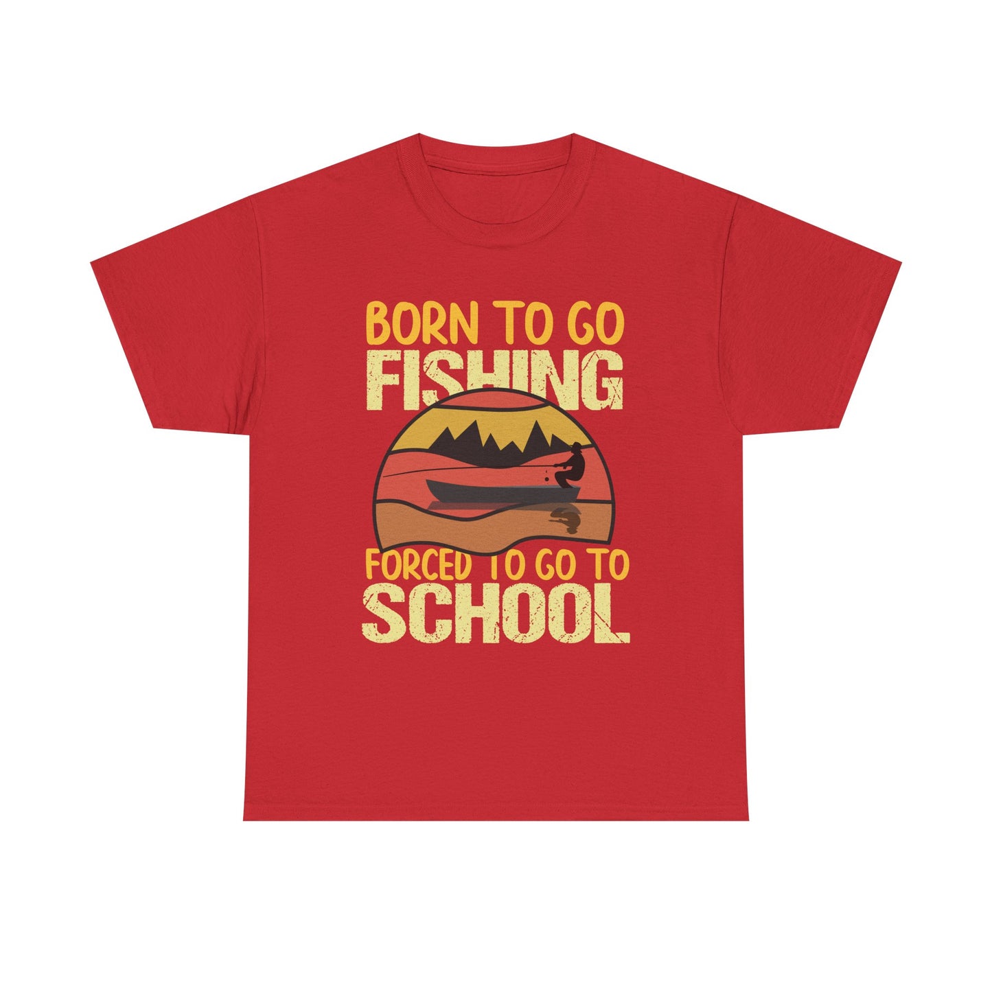 Fishing Graphic Tee - "Born to Go Fishing, Forced to Go to School" Retro Sunset T-Shirt for Kids & Teens