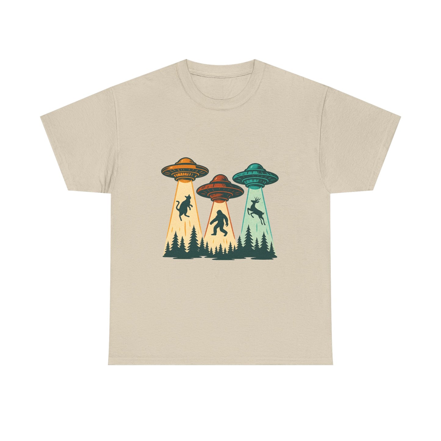 Alien Abduction UFO Tee — Retro Forest Beams T‑Shirt