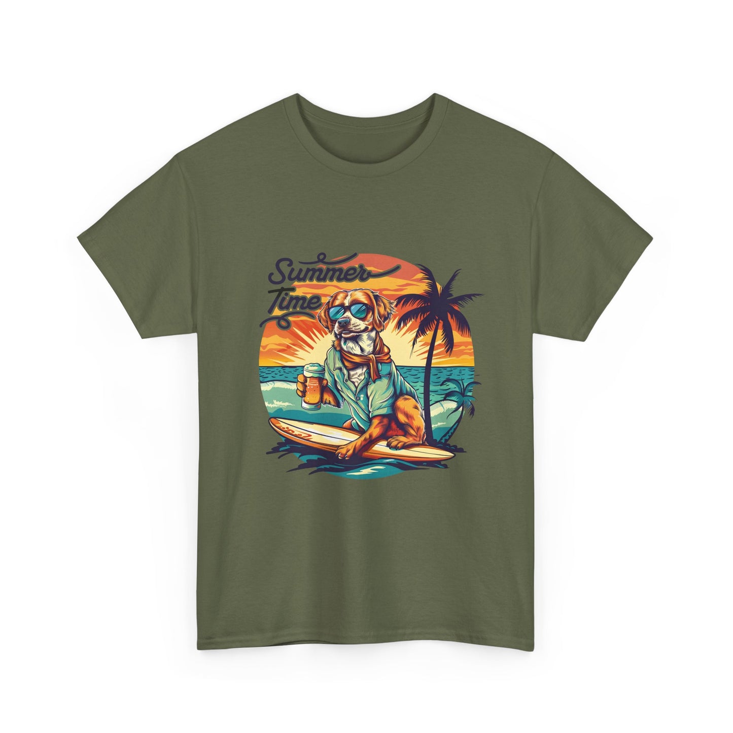 Summer Time Surfer Dog T‑Shirt — Vintage Beach Palm Surfing Dog Tee