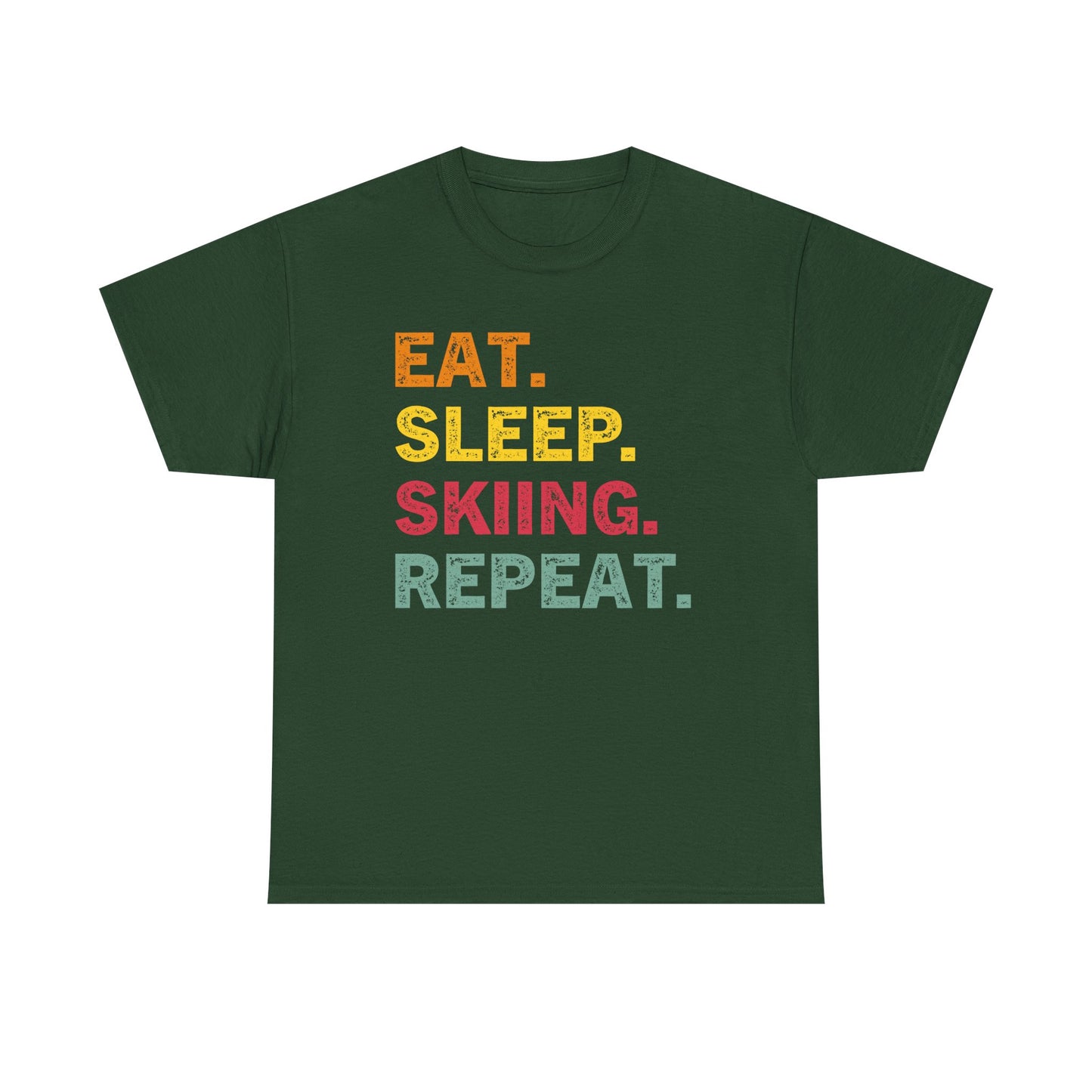 Ski T-Shirt — “Eat. Sleep. Skiing. Repeat.” Retro Colorblock Skiing Tee