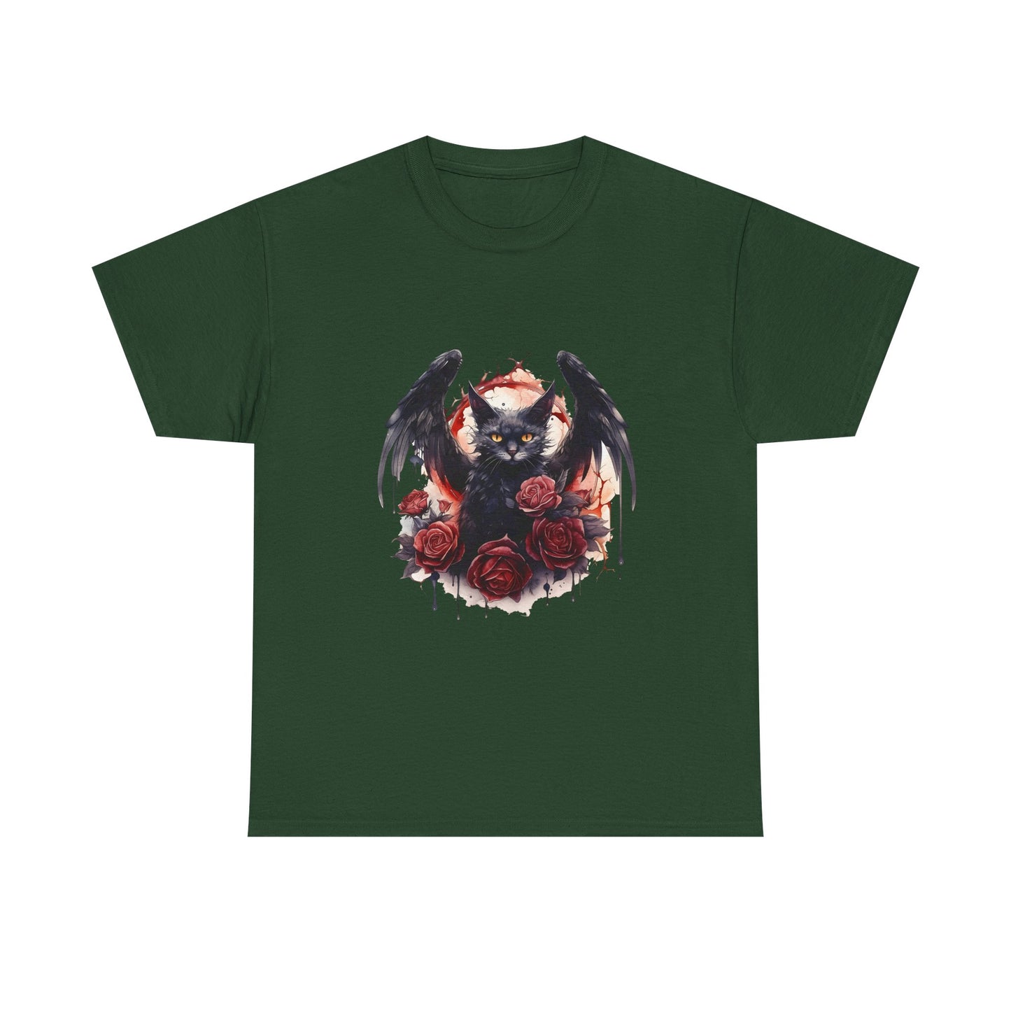 Cat Demon Tee — Gothic Bat-Wing Cat with Roses Graphic Shirt