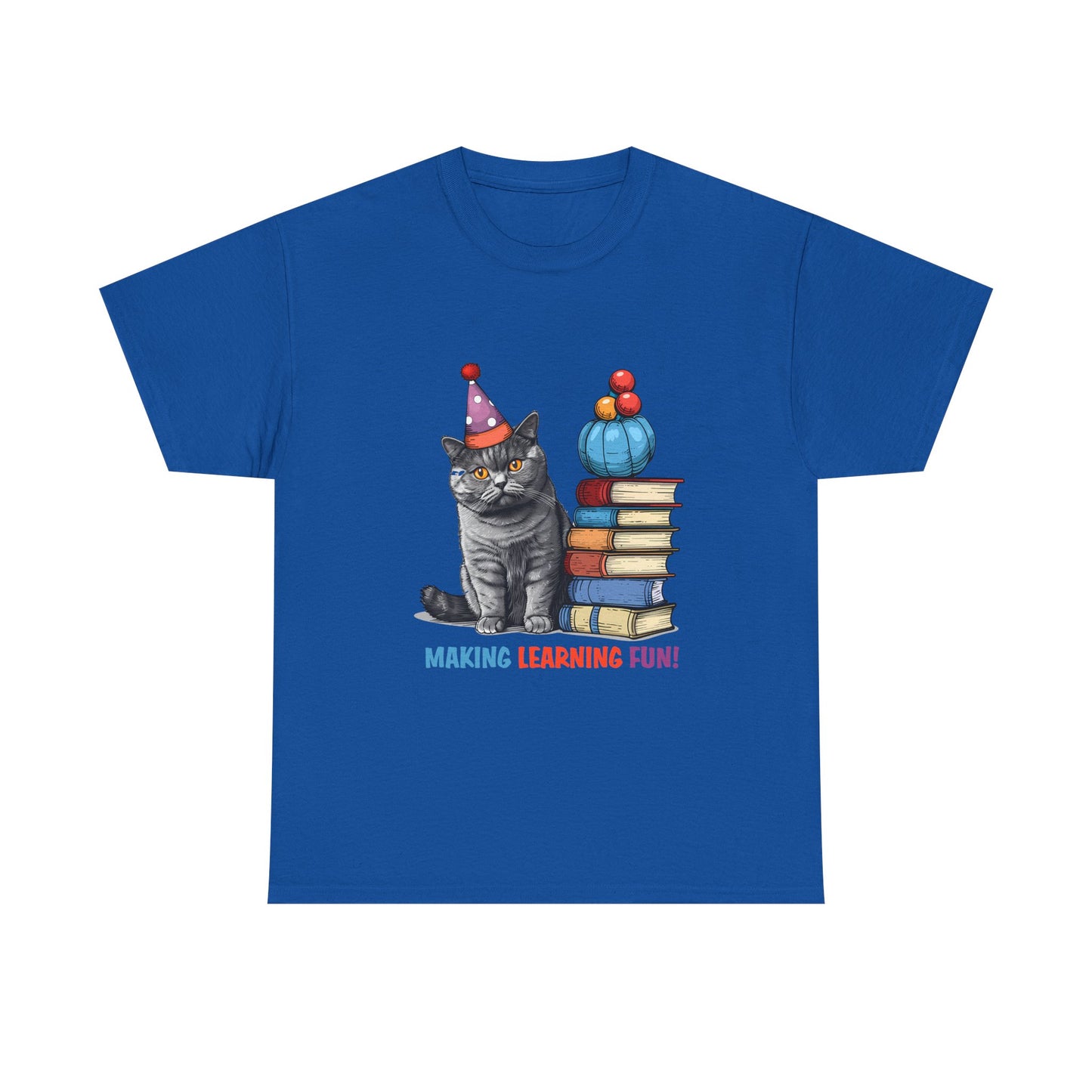 Cat Teacher T-Shirt — "Making Learning Fun!" Cute School Cat with Books Tee