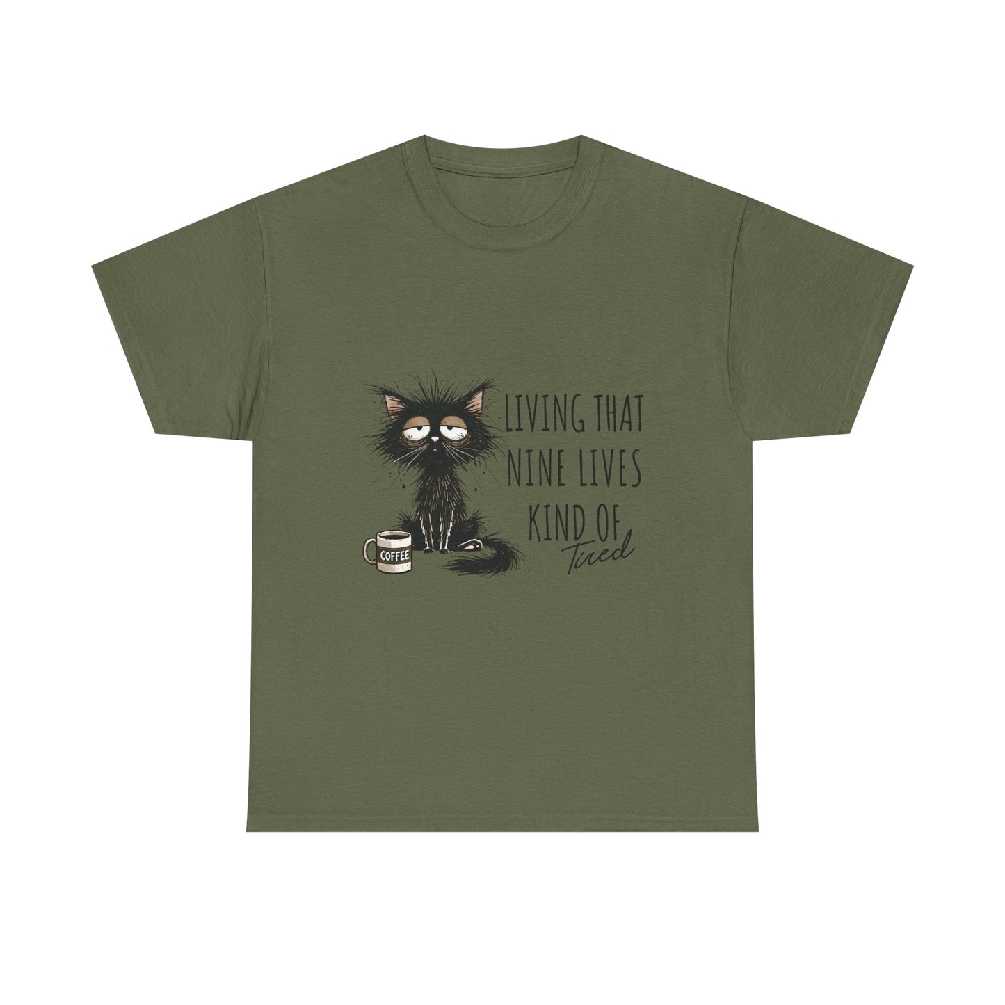 Cat T-Shirt — "Living That Nine Lives Kind of Tired" Funny Sleepy Cat Tee