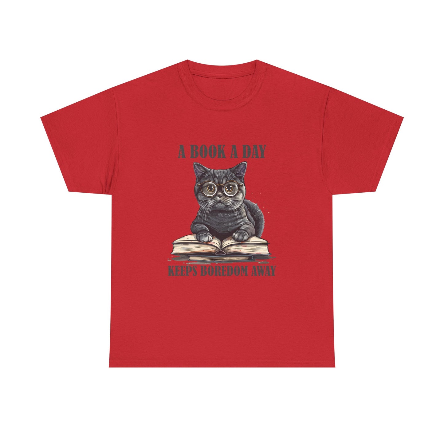 T-Shirt — "A Book a Day Keeps Boredom Away" Cat Reading Graphic Tee