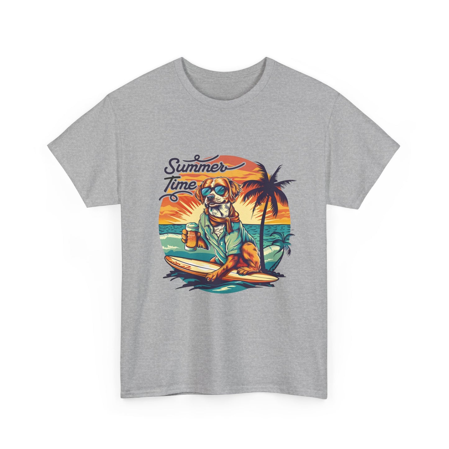 Summer Time Surfer Dog T‑Shirt — Vintage Beach Palm Surfing Dog Tee
