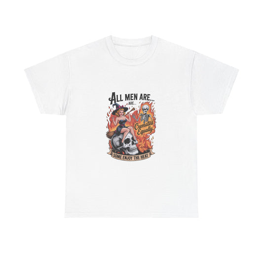 Graphic Tee — "All Men Are... Some Enjoy the Heat" Retro Pinup Flames Design