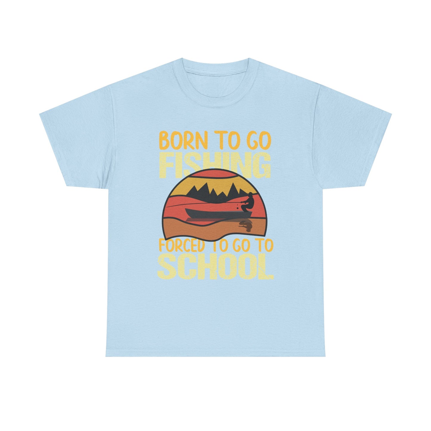 Fishing Graphic Tee - "Born to Go Fishing, Forced to Go to School" Retro Sunset T-Shirt for Kids & Teens