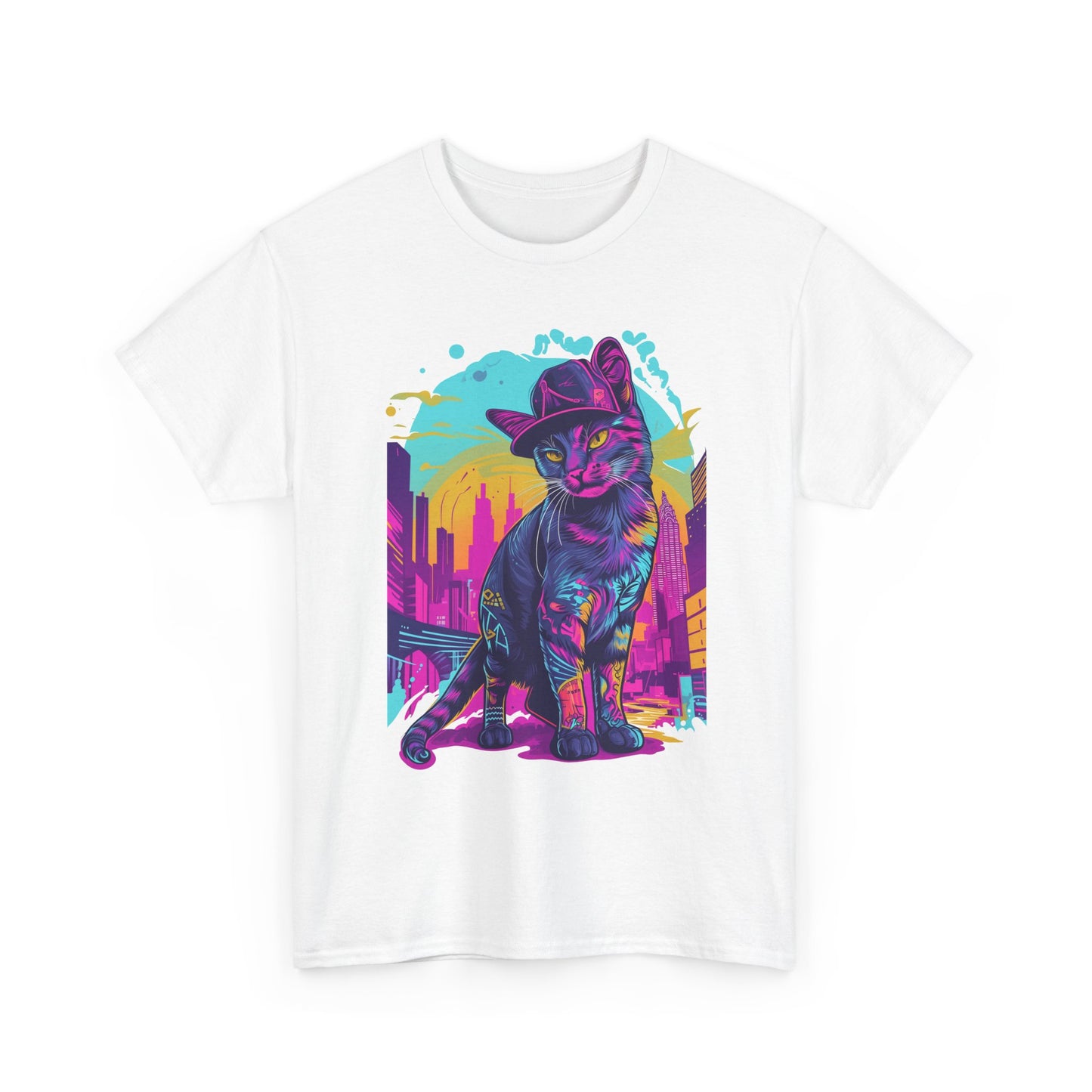 Neon City Cat Tee — Retro Vaporwave Cat T-Shirt