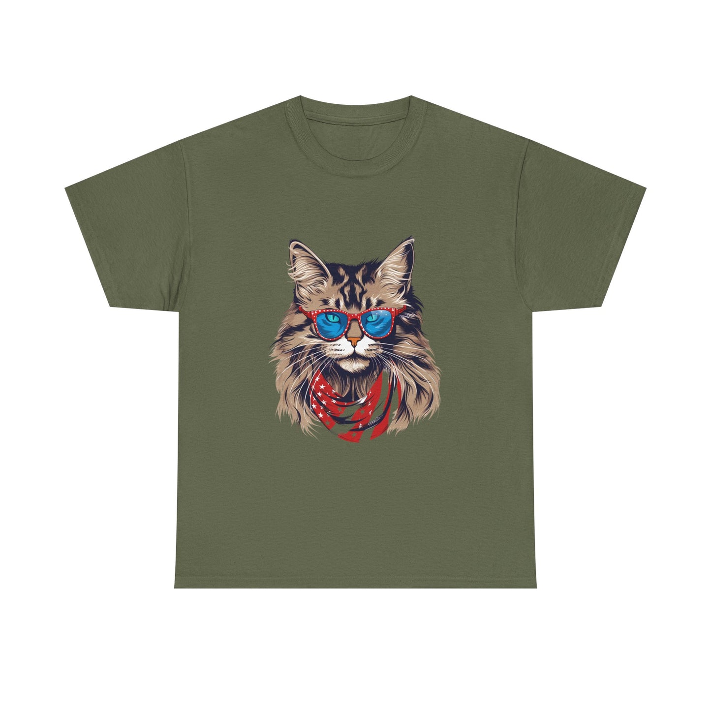Patriotic Cat Tee — Cat with American Flag Bandana & Sunglasses T-Shirt