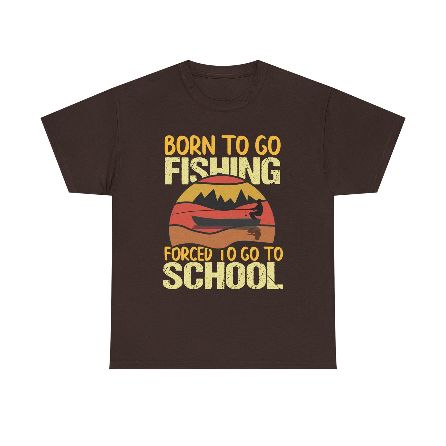 Fishing Graphic Tee - "Born to Go Fishing, Forced to Go to School" Retro Sunset T-Shirt for Kids & Teens
