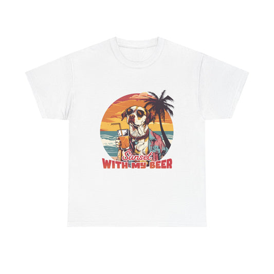 T-Shirt — Sunset With My Beer Dog Graphic Tee — Retro Tropical Beach Vibes