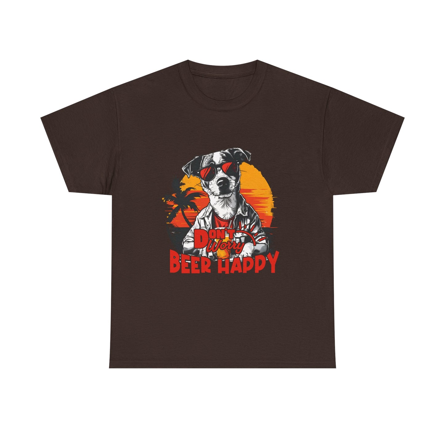 Dog With Beer T-Shirt - "Don't Worry Beer Happy" Retro Sunset Tee