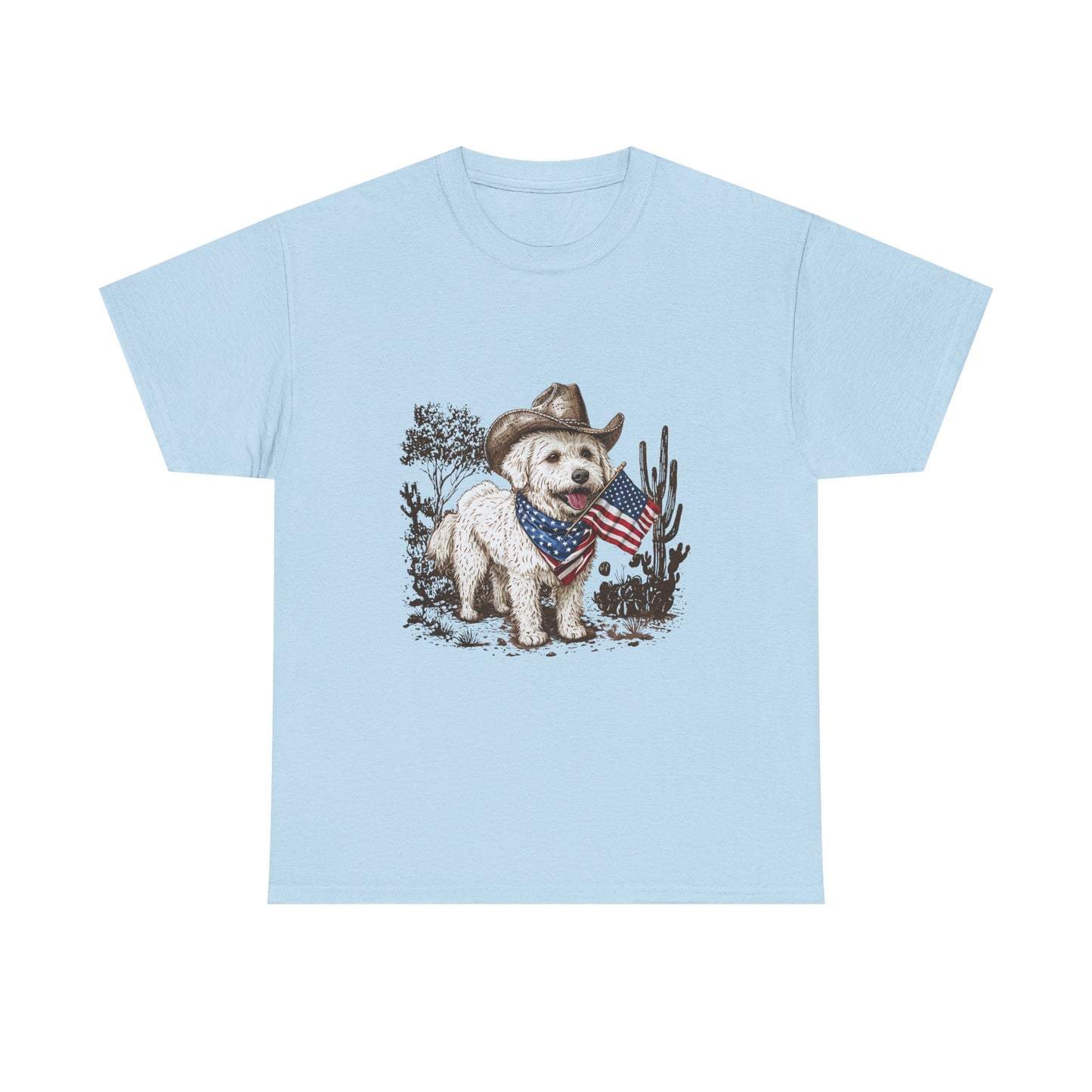 Patriotic Puppy Tee — Cowboy Dog with American Flag
