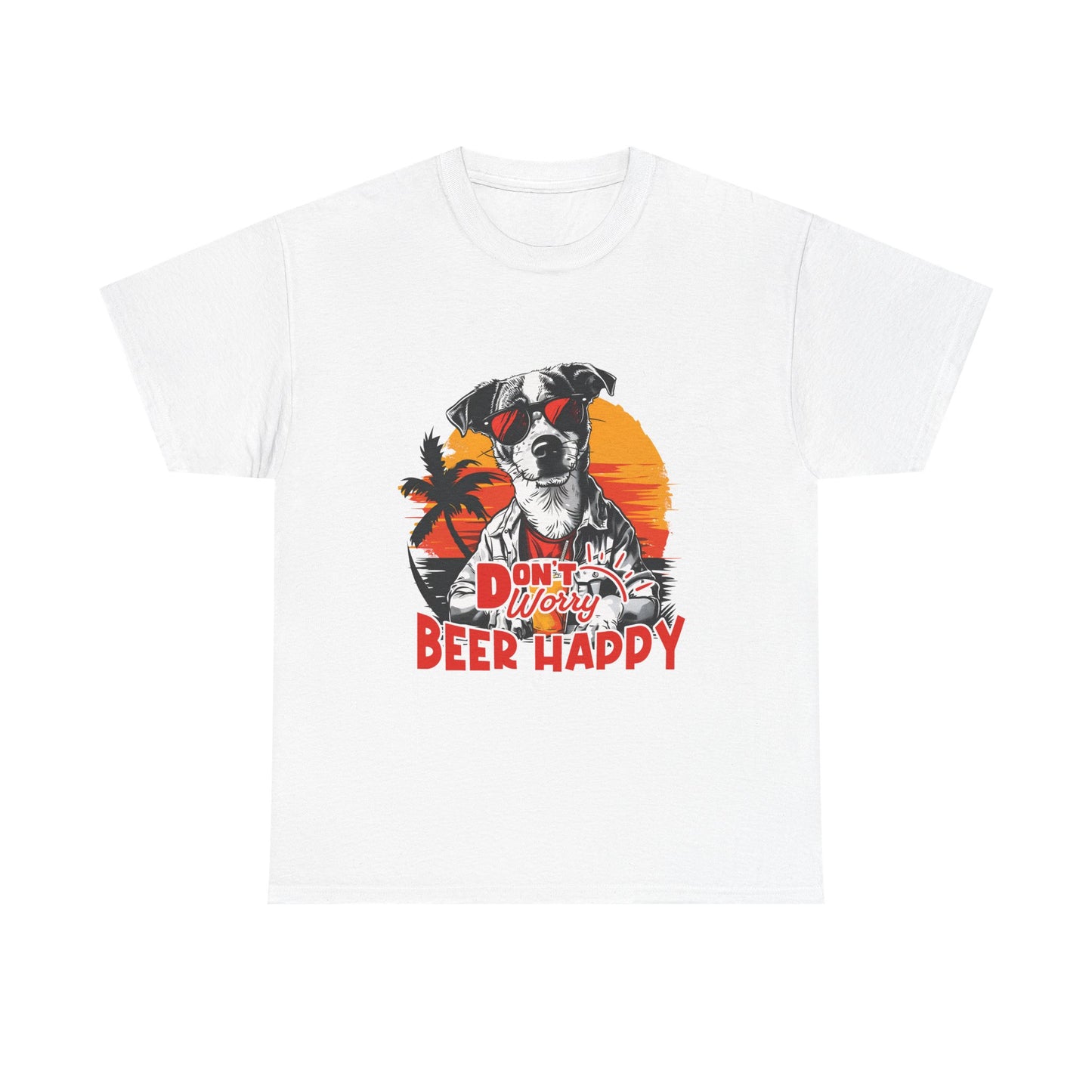 Dog With Beer T-Shirt - "Don't Worry Beer Happy" Retro Sunset Tee