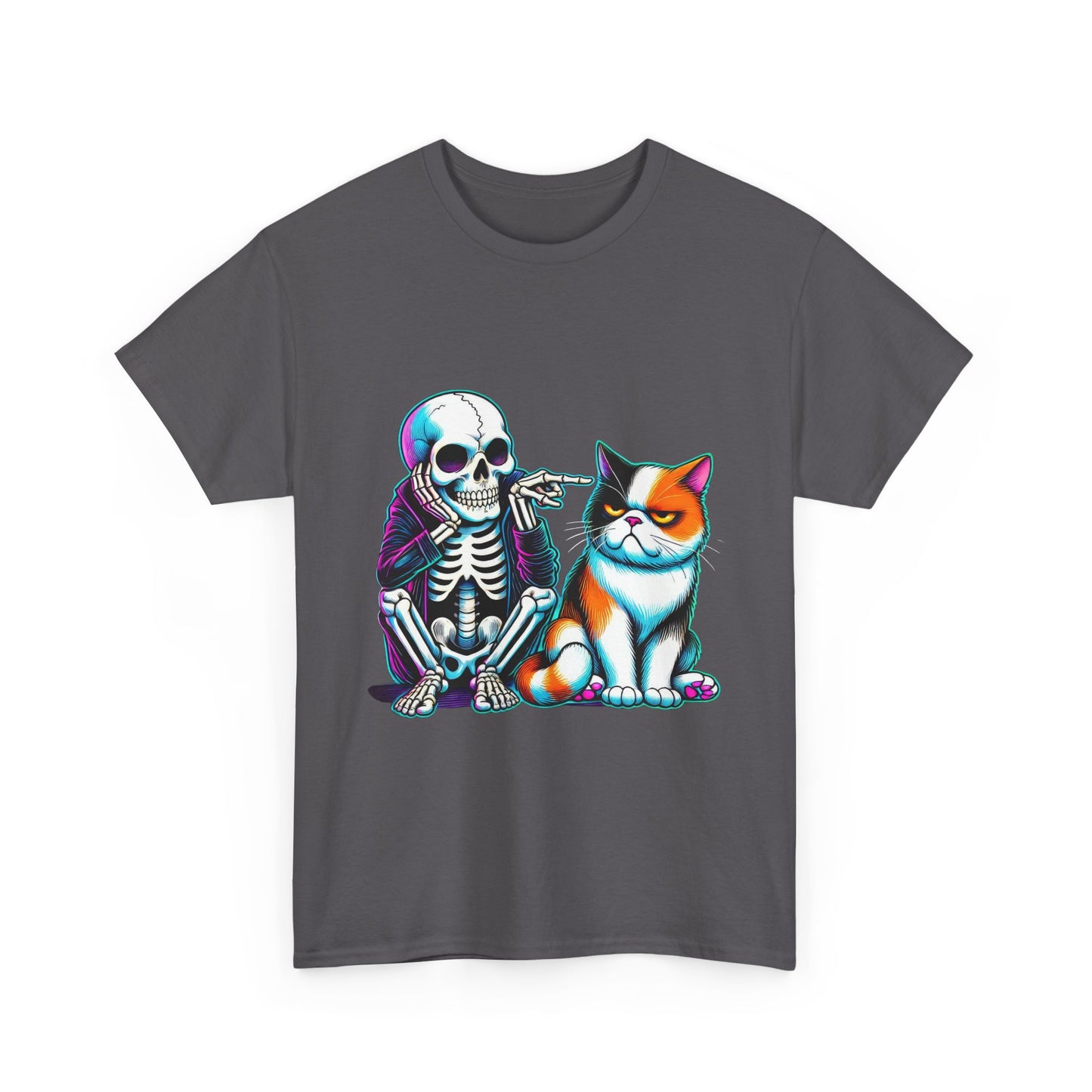 Skeleton & Cat Graphic Tee — Retro Neon Spooky Cat Shirt