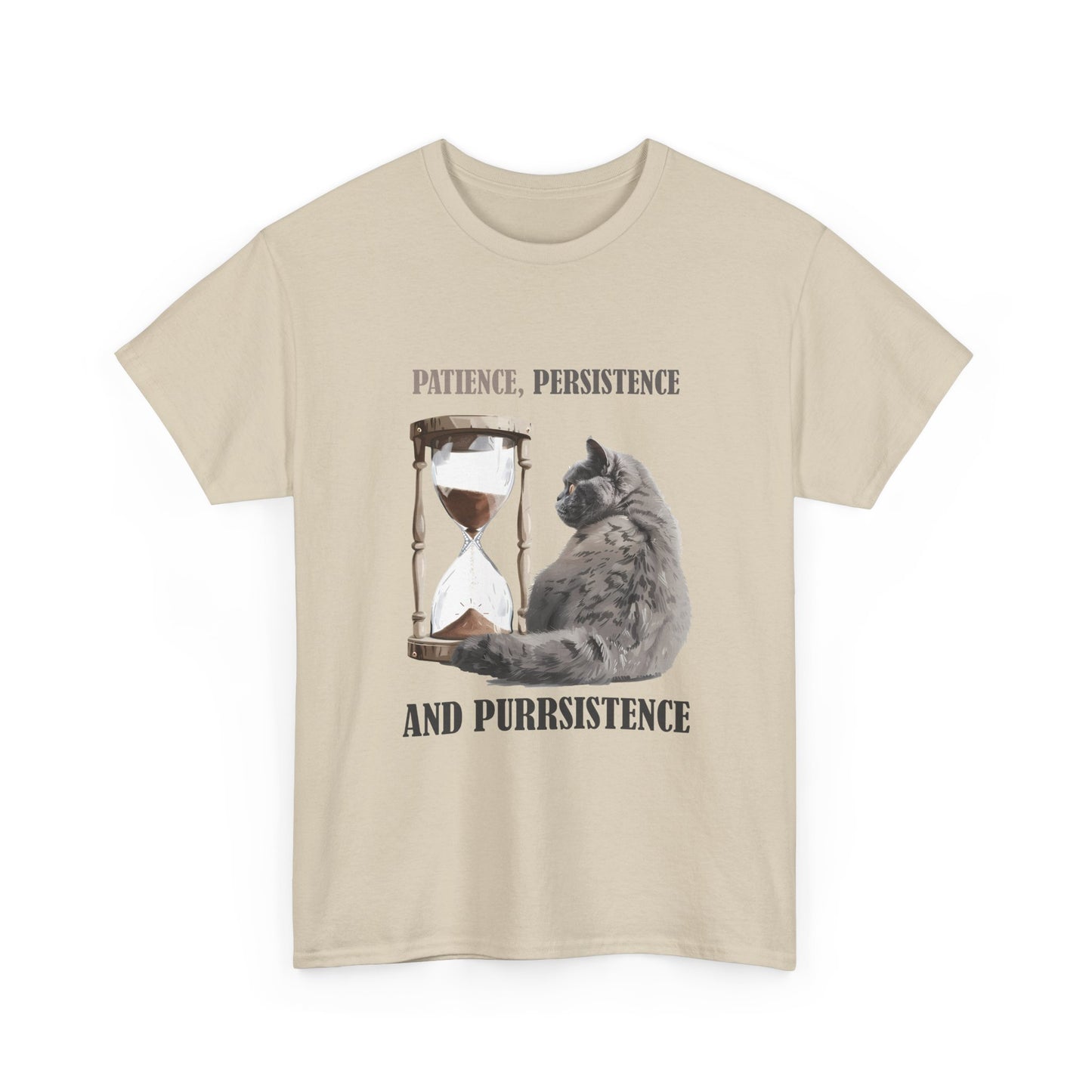 Cat Hourglass T‑Shirt — "Patience, Persistence and Purrsistence" Funny Cat Tee