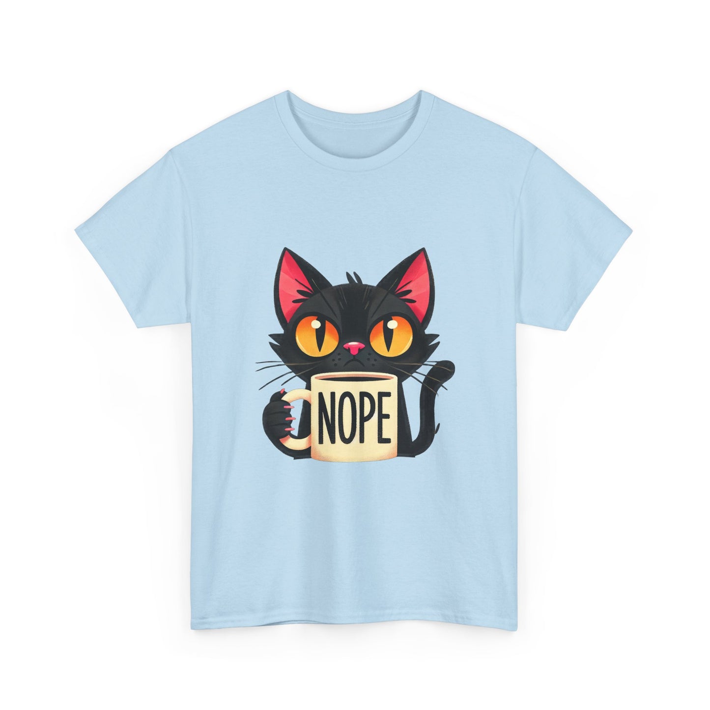 Cat 'Nope' T-Shirt — Cute Black Cat Holding 'NOPE' Mug Graphic Tee
