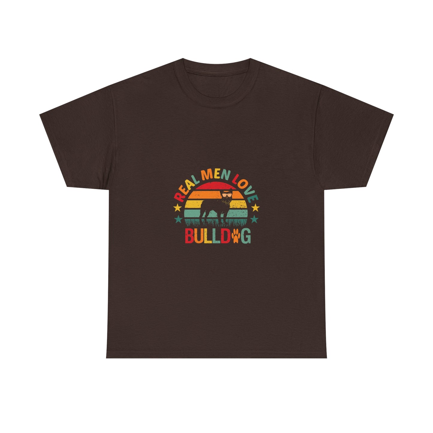 Bulldog T-Shirt — "Real Men Love Bulldog" Retro Rainbow Graphic Tee