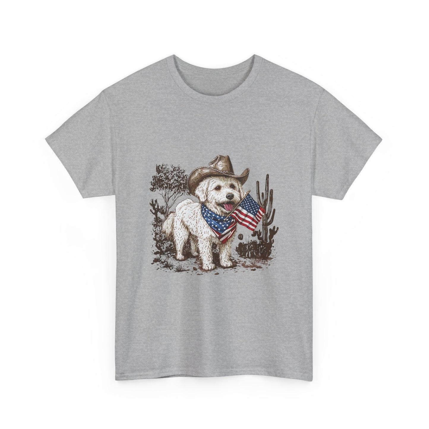 Patriotic Puppy Tee — Cowboy Dog with American Flag
