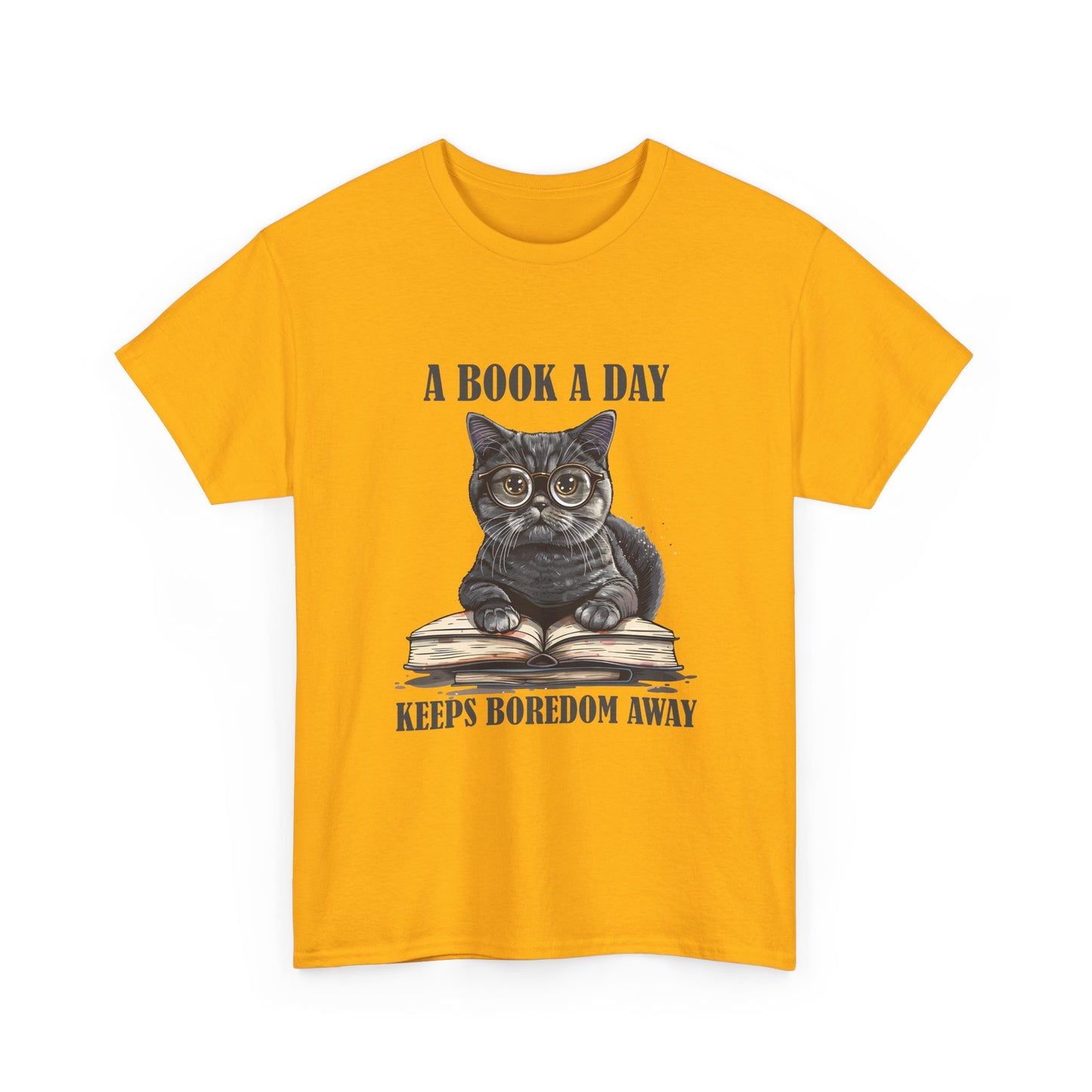 T-Shirt — "A Book a Day Keeps Boredom Away" Cat Reading Graphic Tee