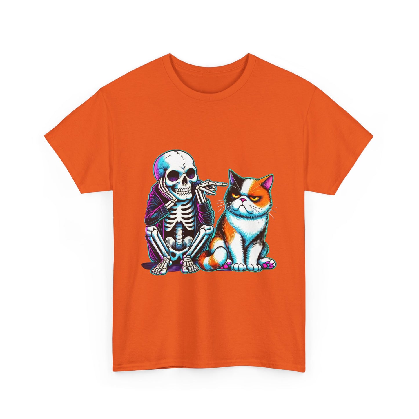 Skeleton & Cat Graphic Tee — Retro Neon Spooky Cat Shirt