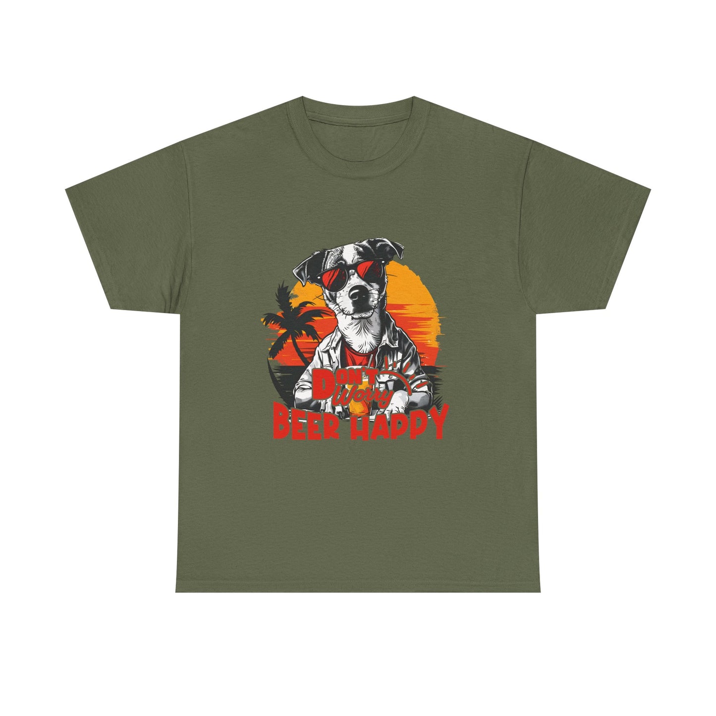 Dog With Beer T-Shirt - "Don't Worry Beer Happy" Retro Sunset Tee