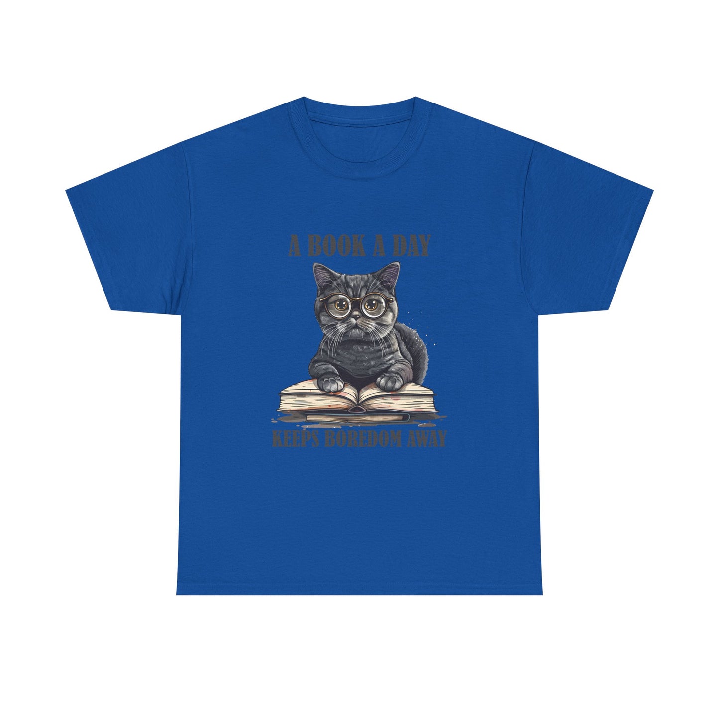 T-Shirt — "A Book a Day Keeps Boredom Away" Cat Reading Graphic Tee