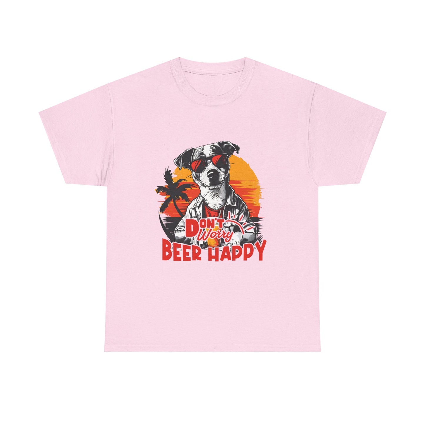 Dog With Beer T-Shirt - "Don't Worry Beer Happy" Retro Sunset Tee