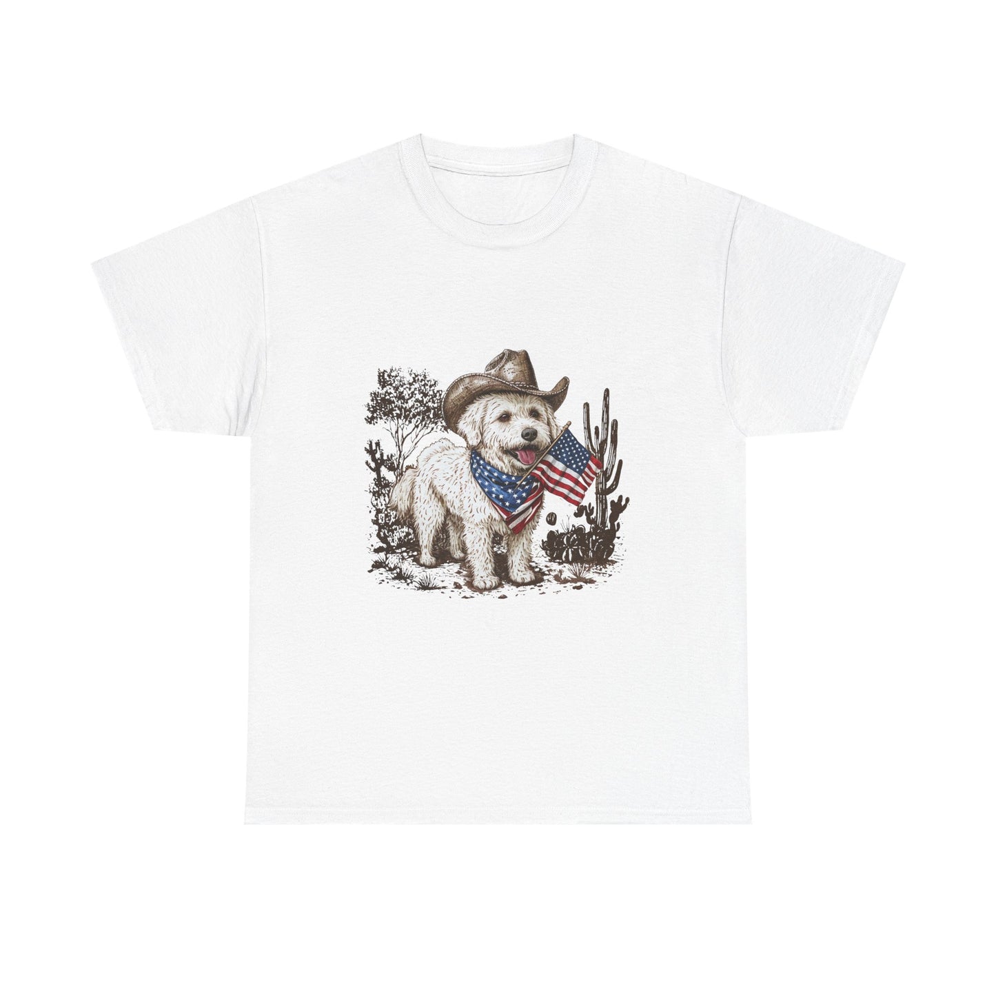 Patriotic Puppy Tee — Cowboy Dog with American Flag