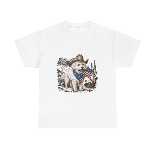 Patriotic Puppy Tee — Cowboy Dog with American Flag