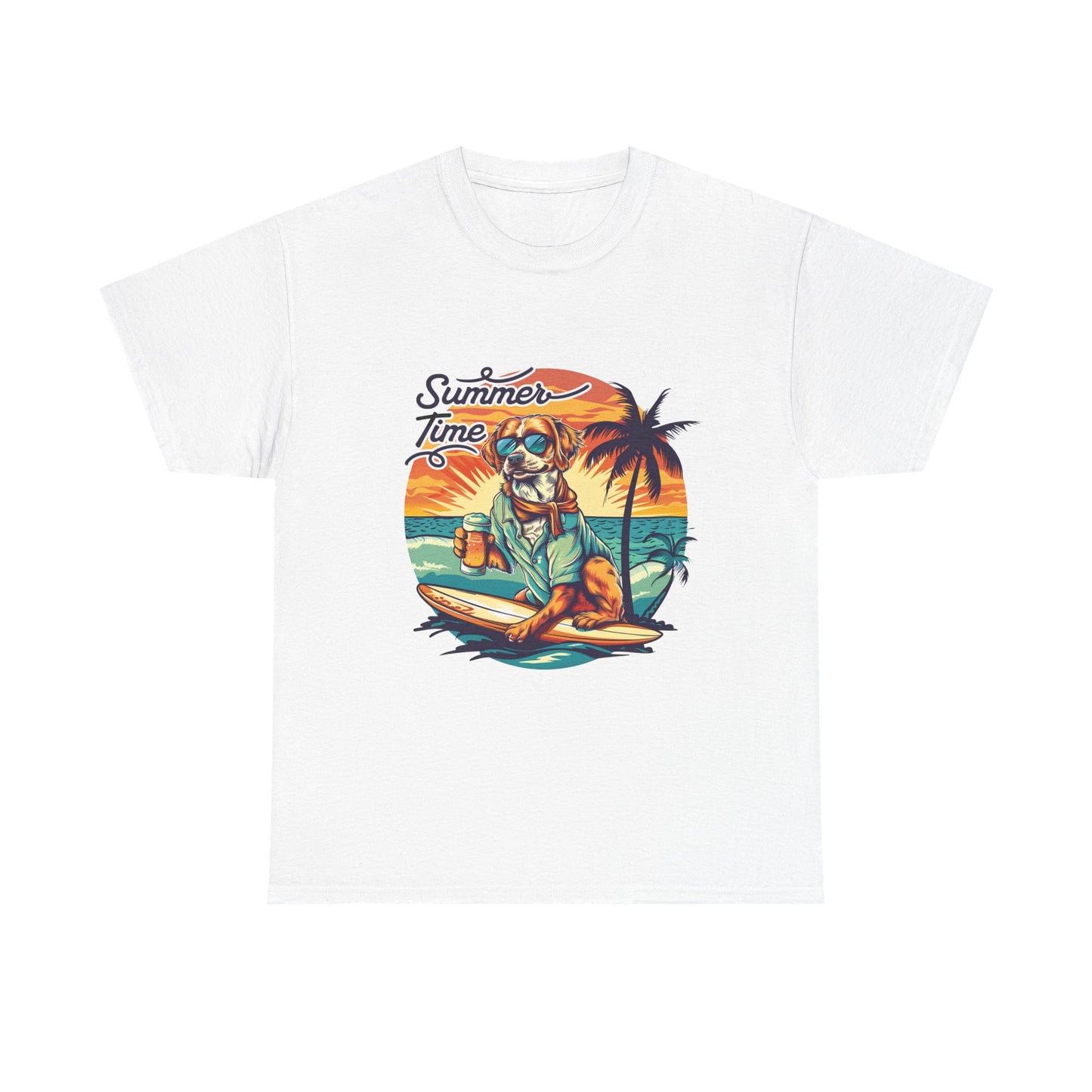 Summer Time Surfer Dog T‑Shirt — Vintage Beach Palm Surfing Dog Tee