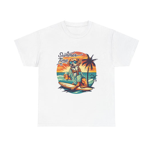 Summer Time Surfer Dog T‑Shirt — Vintage Beach Palm Surfing Dog Tee