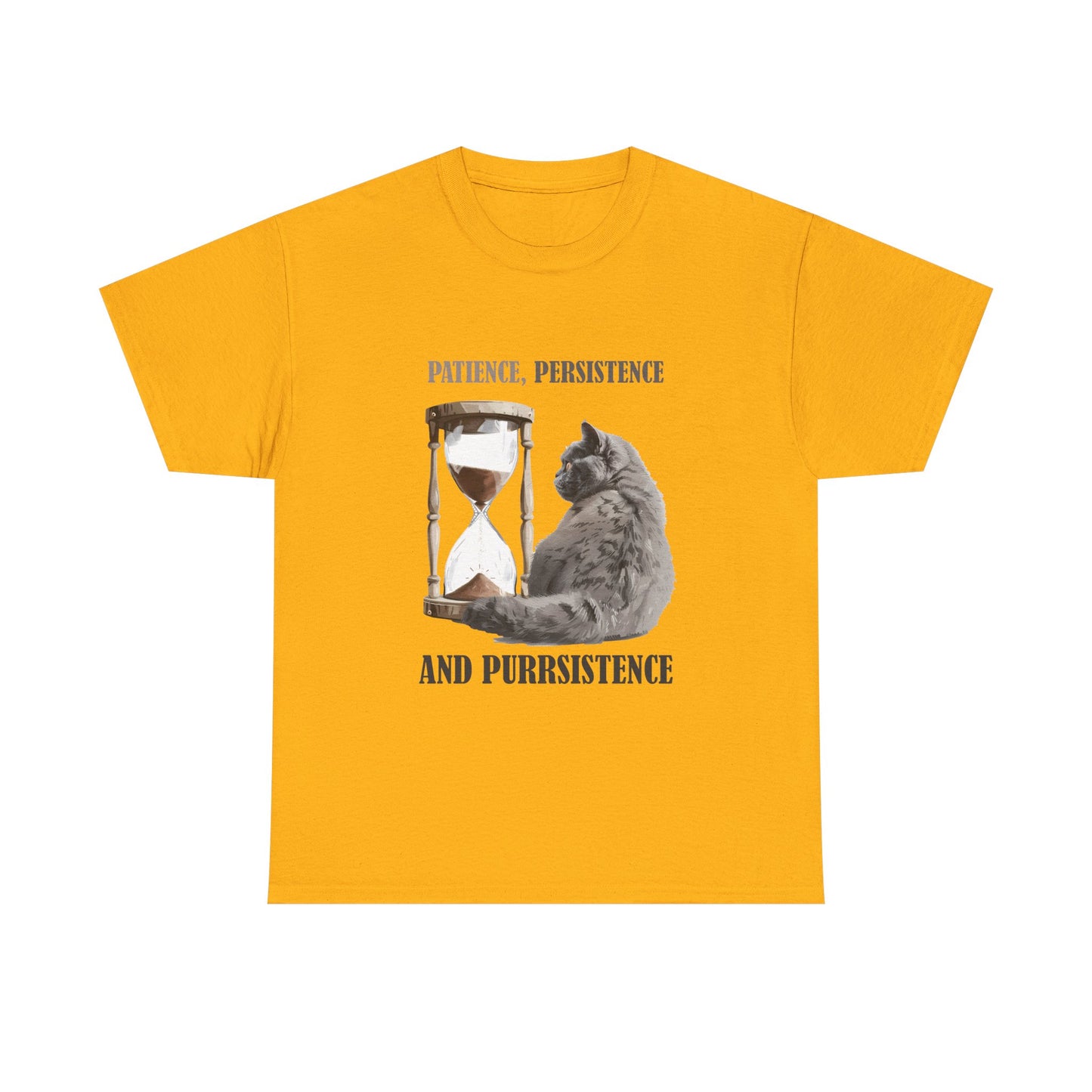 Cat Hourglass T‑Shirt — "Patience, Persistence and Purrsistence" Funny Cat Tee
