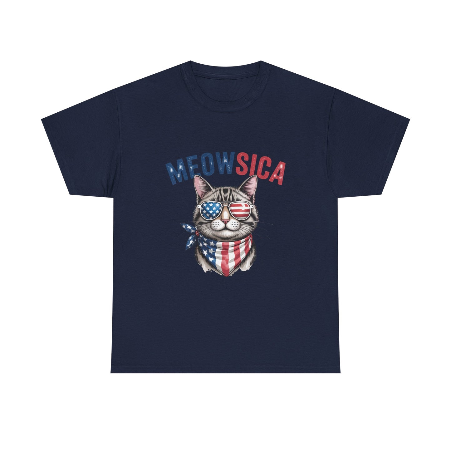 Meowsica Cat T‑Shirt — Patriotic American Flag Kitty Tee